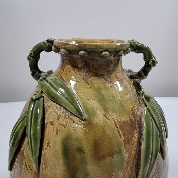 Vintage Handmade Glazed Pottery 8" Tall Earth Tones Bamboo Leaf DetailVase Sign - Picture 2 of 11